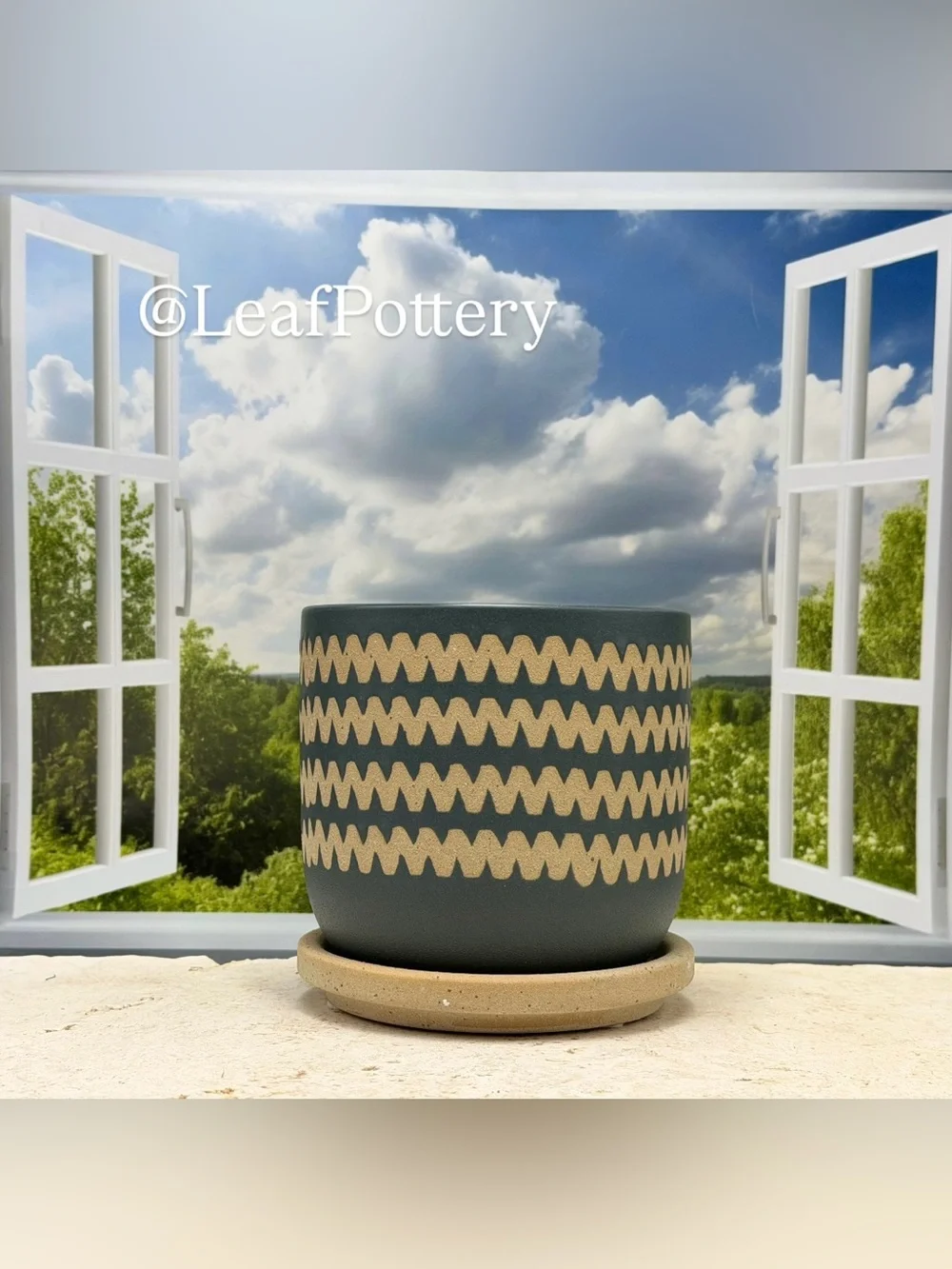 Dark Green Ceramic Planter with Attached Saucer & Drainage Hole